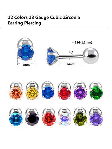 12 Pares 18 Guage Piercing de Zirconia Cúbica de Acero Inoxidable Pendiente de Hélice, 12 Colores