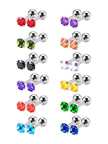 12 Pares 18 Guage Piercing de Zirconia Cúbica de Acero Inoxidable Pendiente de Hélice, 12 Colores