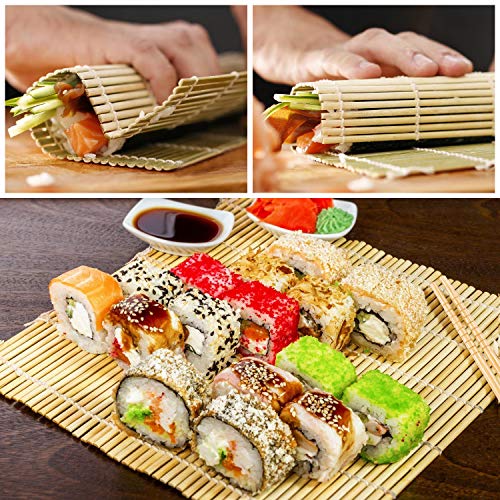 12 PCS Hacer Sushi kit Sushi Maker - 2 Esterilla sushi de Bambú, 2 Platos, 1 Esparcidor de Arroz, 1 Cuchara (Paleta de Arroz), 5 pares de Palillos Sushi con 1 Bolsa para Cocineros y Principiantes