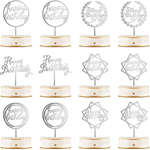 12 Piezas Topper de Pastel de Happy Birthday Topper de Magdalena de Cumpleraños Acrílico Decoraciones de Palo de Pastel para Fiesta Cumpleaños, 6 Estilos (Plata)