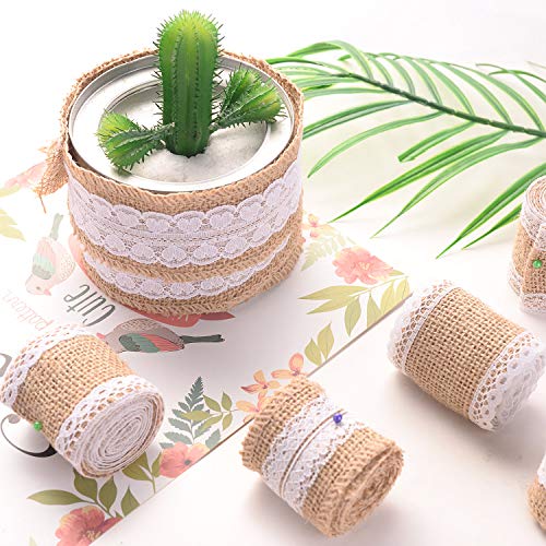 12 Rollo de Cinta Yute Natural con Encaje Blanco, 5 cm Ancho Retro Arpillera Cinta para DIY Hecho a Mano Artesanías de Boda Decoraciones, Encaje de Lino para Regalo Arreglos Florales