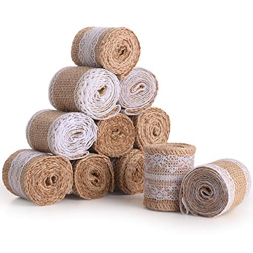 12 Rollo de Cinta Yute Natural con Encaje Blanco, 5 cm Ancho Retro Arpillera Cinta para DIY Hecho a Mano Artesanías de Boda Decoraciones, Encaje de Lino para Regalo Arreglos Florales