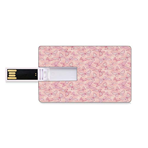 128G Unidades flash USB flash Rosa claro Forma de tarjeta de crédito bancaria Clave comercial U Disco de almacenamiento Memory Stick Mariposas lindas Alas adornadas Arte femenino femenino romántico De