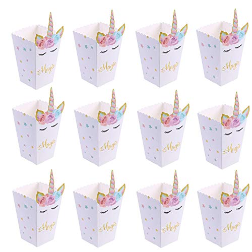 12PCS Cajas de Palomitas,Arco Iris patrón Unicornio Caja de meriendas Bolsas Palomitas Cartón de Caramelo Contenedor para Fiesta de Cumpleaños