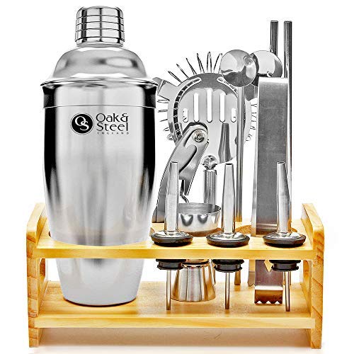 13 Piezas| Kit de Coctelera de Cóctel Profesional, Acero Inoxidable Premium - Práctico y Duradero| Cocteleria, Cocktail Shaker, Kit Barman con Soporte de Madera y Libro de Recetas en Caja de Regalo.