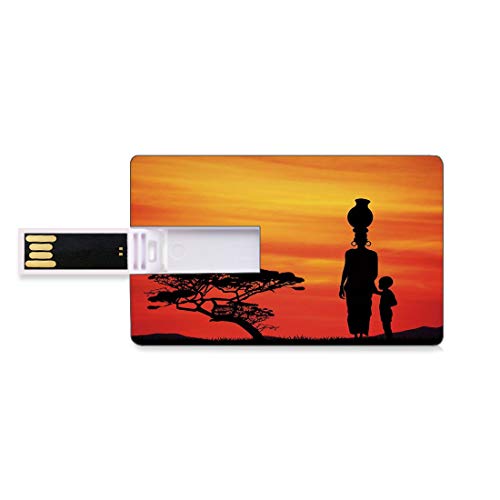 16 GB Unidades flash USB flash Mujer africana Forma de tarjeta de crédito bancaria Clave comercial U Disco de almacenamiento Memory Stick Campo rural paisaje madre e hijo al atardecer Acacia árbol dec