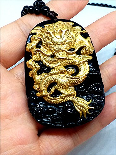 18 quilates 999 - Colgante dragón de oro amarillo puro con incrustaciones de obsidiana natural de jade negro.