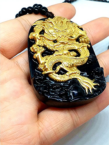 18 quilates 999 - Colgante dragón de oro amarillo puro con incrustaciones de obsidiana natural de jade negro.