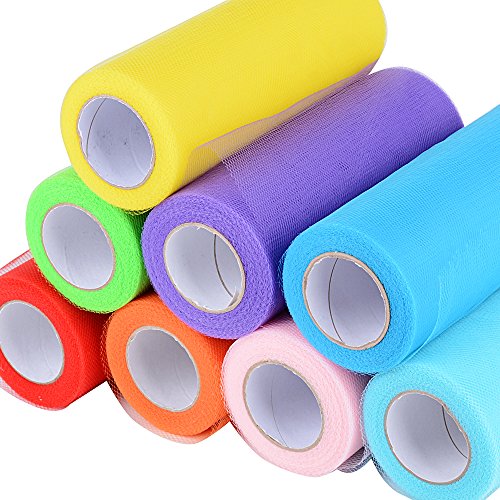 182m 8 Rollos de Tul Tulle Colores Decoración de Boda Falda Fiesta Cumpleaños Ropa Novia Manualidades Diy Azul Rosa Rojo Verde Amarillo Púrpura Naranja (25yardas*15cm*8rollos) 8 Colores