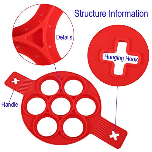 2 Packs Moldes de Silicona Pancake, Mini Molde de Panqueques, Moldes para Tortita, con 7 Agujeros, Corazón y Forma Redonda, para un Huevo de Bricolaje Rápido y Simple, Magdalena (Rojo)