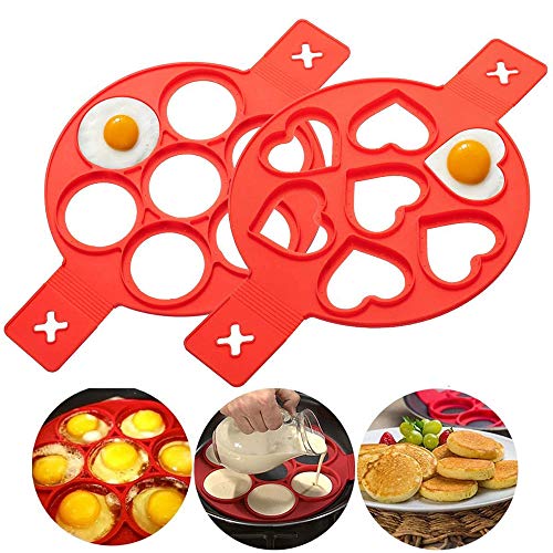 2 Packs Moldes de Silicona Pancake, Mini Molde de Panqueques, Moldes para Tortita, con 7 Agujeros, Corazón y Forma Redonda, para un Huevo de Bricolaje Rápido y Simple, Magdalena (Rojo)