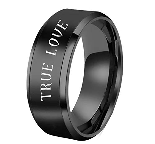 2 Piezas Anillo de Boda Acero Anillo Negro Grabado True Love y Never Dies Negro Negro Mujer Talla 15 + Hombre Talla 30