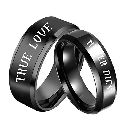 2 Piezas Anillo de Boda Acero Anillo Negro Grabado True Love y Never Dies Negro Negro Mujer Talla 15 + Hombre Talla 30