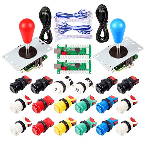 2 Piezas de Arcade Joystick para bricolaje codificador USB + 2X Ellipse Oval Joystick Handle 18x Botones estilo americano Arcade para PC, MAME, Raspberry Pi, sistema Windows (Kit Mezcla De Colores)