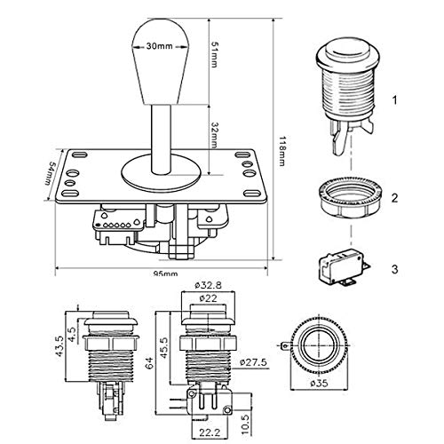 2 Piezas de Arcade Joystick para bricolaje codificador USB + 2X Ellipse Oval Joystick Handle 18x Botones estilo americano Arcade para PC, MAME, Raspberry Pi, sistema Windows (Kit Mezcla De Colores)