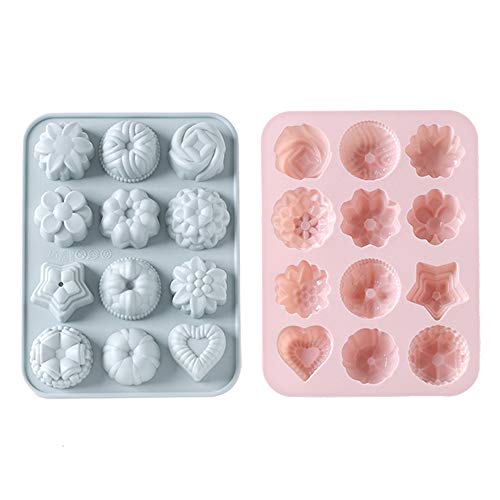 2 Piezas Molde de Silicona, Formas de 12 Cavidades Moldes de Silicona para Hornear, para Hornear Pasteles, Chocolate, Galletas, Cubitos de Hielo, Jabón Hecho a Mano (Rosa, Gris-Azul)