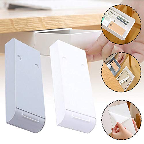 2 Piezas Organizador Cajón Debajo Escritorio, Caja Bolígrafos Almacenamiento Oculto, Plástico ABS Autoadhesivo Bandeja Cajones con Mango para Oficina, Hogar, Escuela (Blanco, Gris)