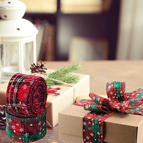 2 rollos 6m Cinta de Navidad con Borde de Alambre Arpillera a cuadros Cinta Cinta de envoltura navideña Cinta de tartán con borde Cinta de copo de nieve verde rojo Cintas para manualidades 6.3cm