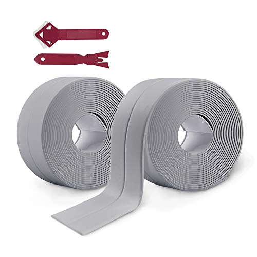 2 Rollos Cinta Selladora Resistente al Agua, Impermeable a Prueba de Moho Cinta de Sellado Autoadhesivas para Baño Bañera, Cocina, Fregadero y Pared (gris)