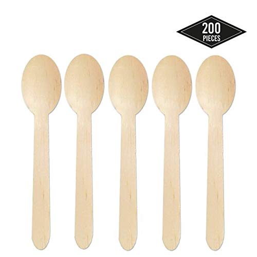 200 Cucharas Desechables de Madera, Cubiertos de Madera, 16cm| Biodegradable Compostable 100% Natural - Robusto y Resistente - Postre Fiestas BBQ Picnics Cumpleaños| Excelente Alternativa al Plástico