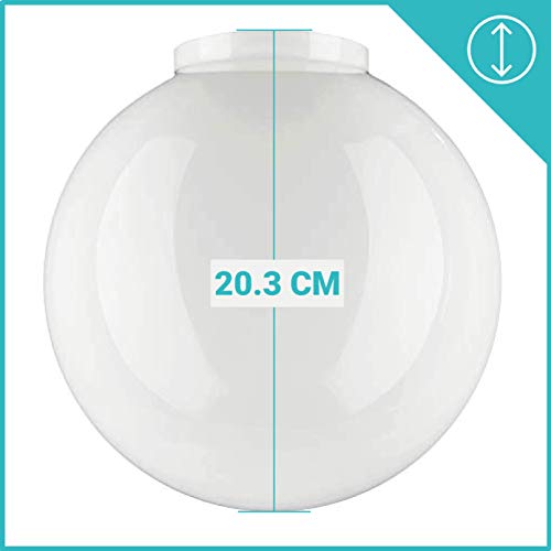 20.0cm de diámetro Blanca de vidrio esféricos pantalla de lámpara. Circunferencia: 63cm, Cuello: 7.6cm de diámetro, Agujero: 6.7cm de diámetro (tulipa)