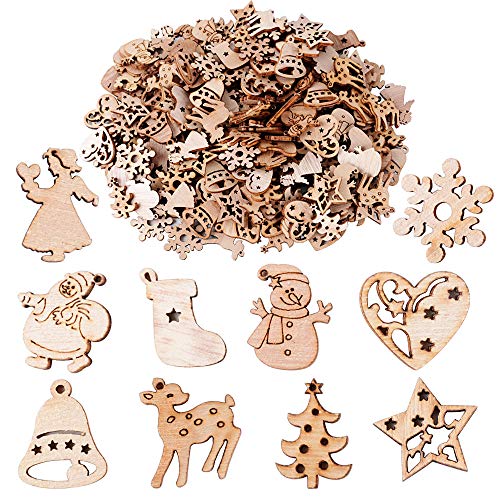 200pcs Adornos Madera Navideños de Arbol Navidad Ornamento Colgante Decoración Rebanadas Scrapbooking Bricolaje DIY Artesanía