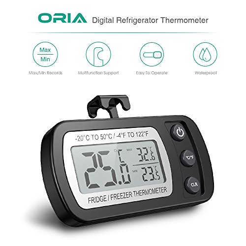 【2020 NEW】Oria Termómetro de Frigorífico, 2pcs Digital Termómetro Refrigerador Impermeable Resistente al Agua con Gancho Soporte, Preciso LCD Congelador Nevera Monitor para Hogar,Cafés, etc - Negro