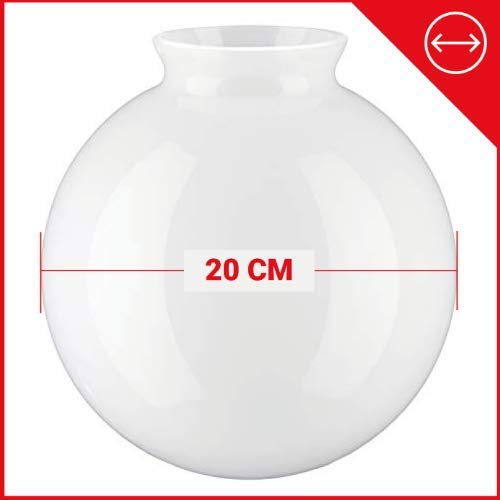 20cm Diámetro Pantalla de Lámpara esférica de Vidrio Blanco con achaflanar cuello. Ancho exterior del cuello: 10.5cm, Agujero: 8.2cm Diámetro, Altura: 20cm, Circunferencia: 63cm.