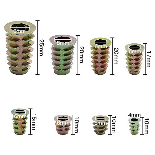 230 Piezas Tuercas de Inserción de Aleación de Zinc Insertos Roscados con Rosca de Madera Tuercas Insertar M4 M5 M6 M8 Kit de Herramientas para la Mayoría de las Tuercas de Muebles