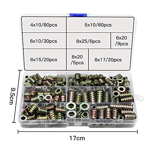 230 Piezas Tuercas de Inserción de Aleación de Zinc Insertos Roscados con Rosca de Madera Tuercas Insertar M4 M5 M6 M8 Kit de Herramientas para la Mayoría de las Tuercas de Muebles