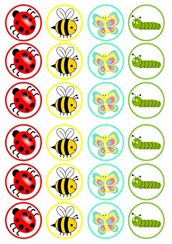 24 Insectos, Abeja, Mariquita, Caterpillar, Mariposa precortada, Adornos comestibles para Cupcakes – oblea Tarjeta Disco decoración para Tartas Stand UP