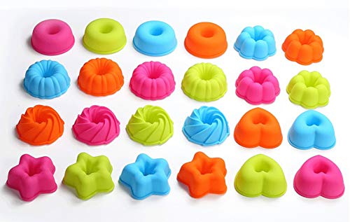 24 Piezas Moldes de Donut de Silicona Set - Forma de Ronda Donut, Calabaza, Estrella, Flor, Corazón, Savarin Molde de Silicone Antiadherente para Pasteles, Galletas, Bagels, Magdalenas, Cupcake