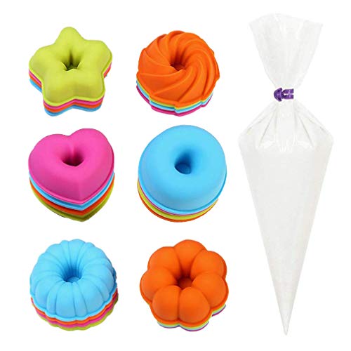 24 Piezas Moldes de Donut de Silicona Set - Forma de Ronda Donut, Calabaza, Estrella, Flor, Corazón, Savarin Molde de Silicone Antiadherente para Pasteles, Galletas, Bagels, Magdalenas, Cupcake