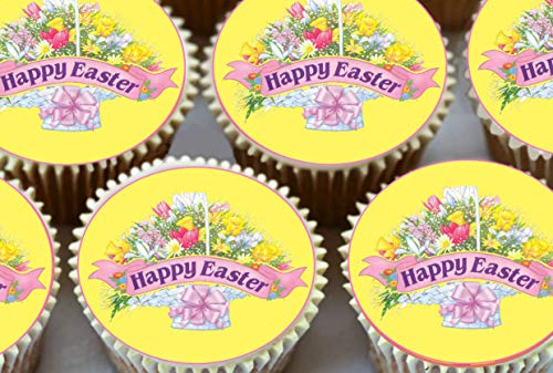 24 x 1,5" (3.8cm) HAPPY EASTER flores Redondo Comestible Decoración PARA CUPCAKES DECORACIÓN ideal para Semana Santa CELEBRACIONES por Topped Off