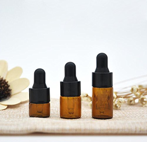 24PCS Mini Amber Glass Essential Oil Dropper Frascos la botella con el casquillo goma negro Cosmético Perfume la muestra Frascos líquidos Contenedor almacenamiento (1ml)