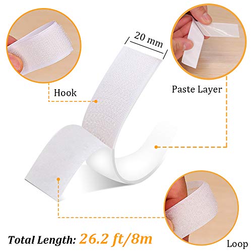 26.2ft/8m Velcro - Velcro Adhesivo Cinta Auto Adhesivo Cinta Rollo Hook y Loop Tape,con 1Roll Gancho y 1Roll Lazo,20mm de Ancho Blanco