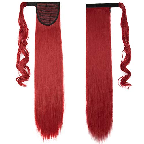 26"(66cm) Coleta Postiza Larga Pelo Sintético Se Ve Natural Lisa [Rojo Oscuro] Extensiones de Cabello Clip Cola Ponytail Extension (100g)