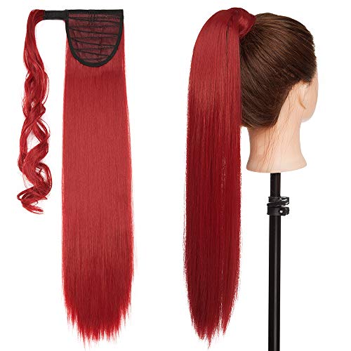 26"(66cm) Coleta Postiza Larga Pelo Sintético Se Ve Natural Lisa [Rojo Oscuro] Extensiones de Cabello Clip Cola Ponytail Extension (100g)