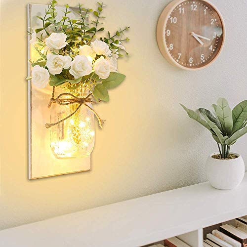 2Pcs Apliques De La Pared Mason Jar Apliques De La Pared del Arte Hecho A Mano Colgar Diseño con Control Remoto Peonía Blanca, Granja Cocina Decoraciones De La Pared Decoración Luces,Blanco