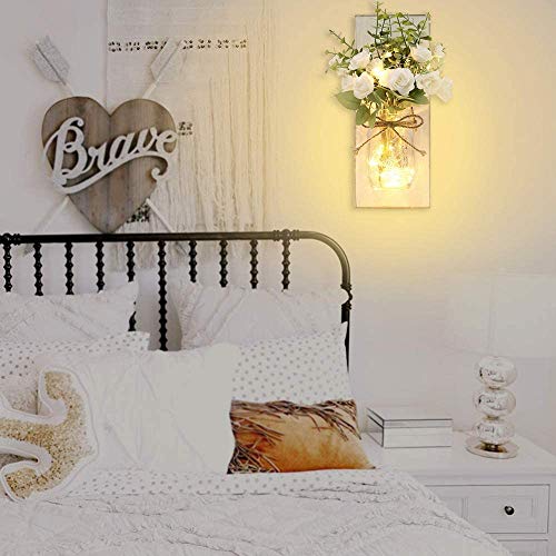 2Pcs Apliques De La Pared Mason Jar Apliques De La Pared del Arte Hecho A Mano Colgar Diseño con Control Remoto Peonía Blanca, Granja Cocina Decoraciones De La Pared Decoración Luces,Blanco