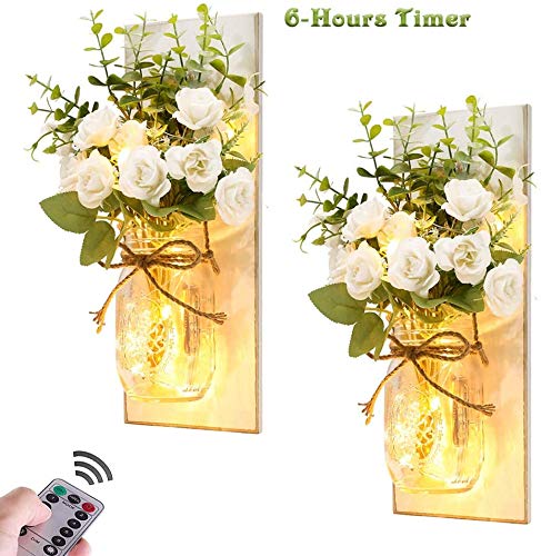 2Pcs Apliques De La Pared Mason Jar Apliques De La Pared del Arte Hecho A Mano Colgar Diseño con Control Remoto Peonía Blanca, Granja Cocina Decoraciones De La Pared Decoración Luces,Blanco