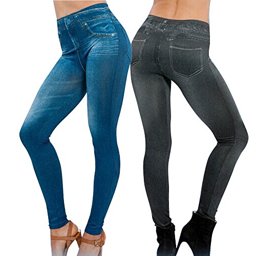 2Pcs Leggings Leggins Jeggings Vaqueros Pantalones Elásticos para Mujer Azul y Negro