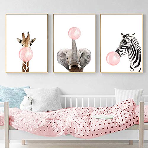 3 Laminas Animales Elefante Jirafa Cebra Chicle Rosa Pósteres Decorativas Pared Infantil Imagen de Niños Decorar Habitaciones de Bebe Regalo Sin Marco PTAN002-M