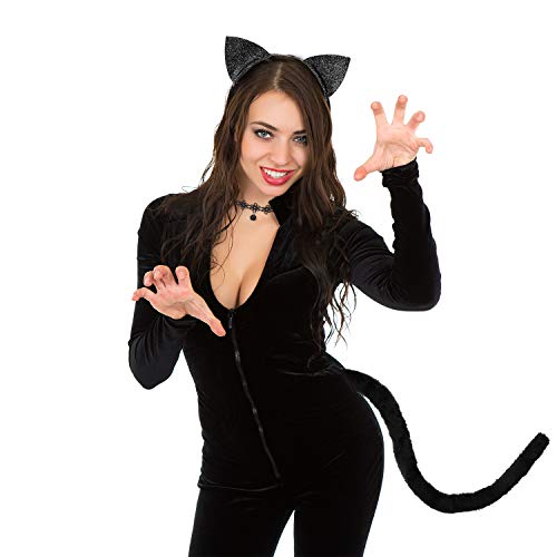 3 Piezas Conjunto de Disfraz de Gato Negro Diadema de Orejas de Gato Brillante, Cola de Gato, Gargantilla de Encaje para Mujeres Niñas Halloween Cosplay