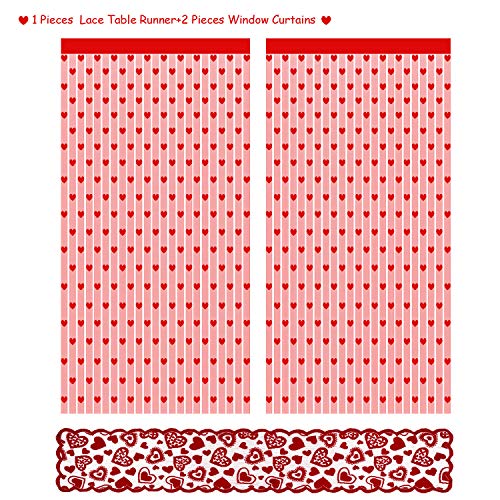 3 Piezas Decoraciones de Día de San Valentín, Incluyes 2 Piezas Cortinas de Ventana de San Valentín y Camino de Mesa de Encaje de Corazón para Decoración de Fiesta de Aniversario Bodas