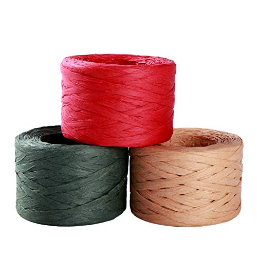 3 rollos de Cinta de Papel de Rafia Cinta de rafia natural Guita de papel de embalaje Cuerda de Rafia Seca Cadena de papel de rafia para Manualidades Bricolaje, envoltura de regalos (3 colores)