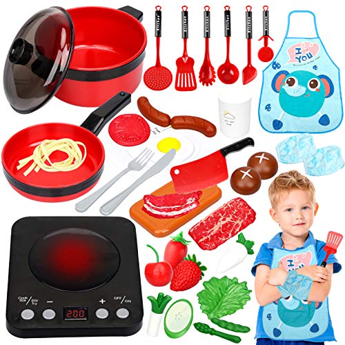 37PCS Utensilios Cocina Juguete con Delantal, Sartenes, Olla, Verduras Accesorios Cocina Juguetes Juegos de Cocinar Regalo para Niños 3 Años