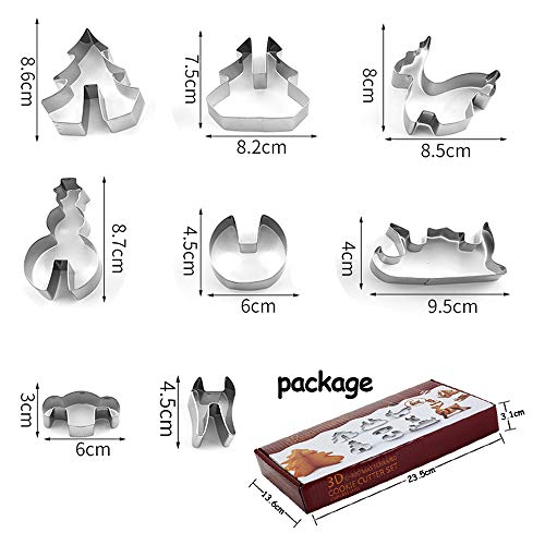 3D Molde Galletas, Zoneyan Cortadores de Galletas Navidad, Moldes de Galletas Acero Inoxidable 8 Piezas(Árbol De Navidad, Reno, Trineo, Muñeco De Nieve)