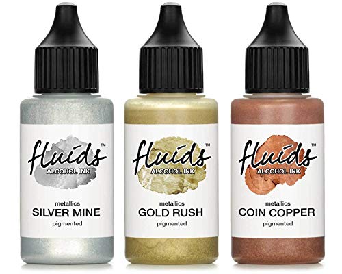 3x 30ml Octopus Fluids Alcohol Ink Set Metallic GOLD RUSH, SILVER MINE, COIN COPPER, Tinta al alcohol para Fluid Art y Resin Art, resina epoxi