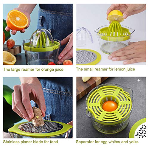 4 en 1 Exprimidor Zumo Manual, SenPuSi Exprimidor de Mano Portátil para Naranja Limón Lima y Cítricos, Rallador de Ajo/Jengibre/Patatas/Zanahorias, Separador de Yemas de Huevo con Recipiente de 400ml